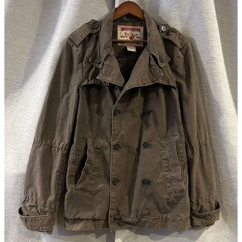 True‎ Religion Double Breasted Cotton Pea Coat Military Green Brown Jacket Large